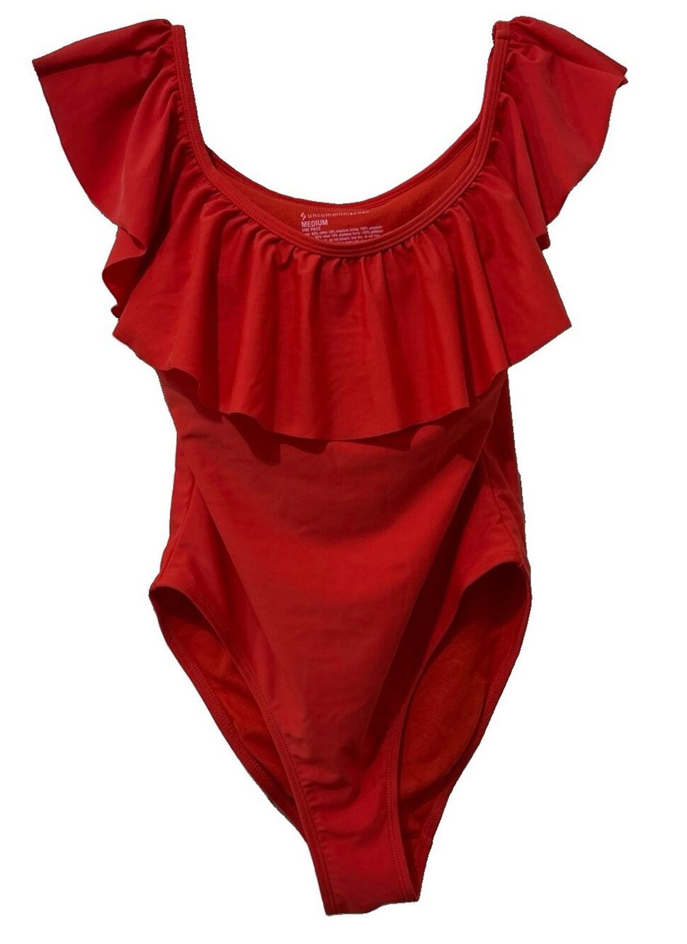 NWT Uncommon Sense Red Ruffle One Piece Swimsuit Women’s Medium Off Shoulder